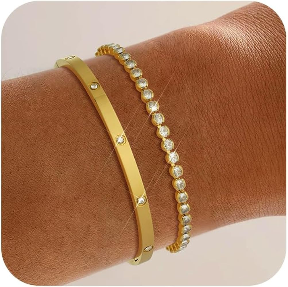 Howoo Gold Bangle Bracelets for Women 14K Zirconia Tennis Gold Bracelet Stack Jewelry Set Gifts f... | Amazon (US)