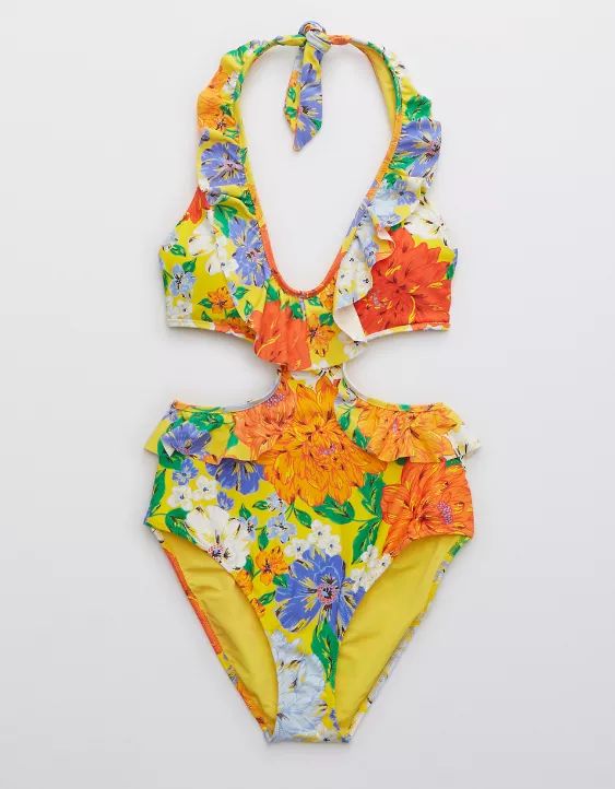 Aerie Ruffle Cut Out One Piece Swimsuit | American Eagle Outfitters (US & CA)
