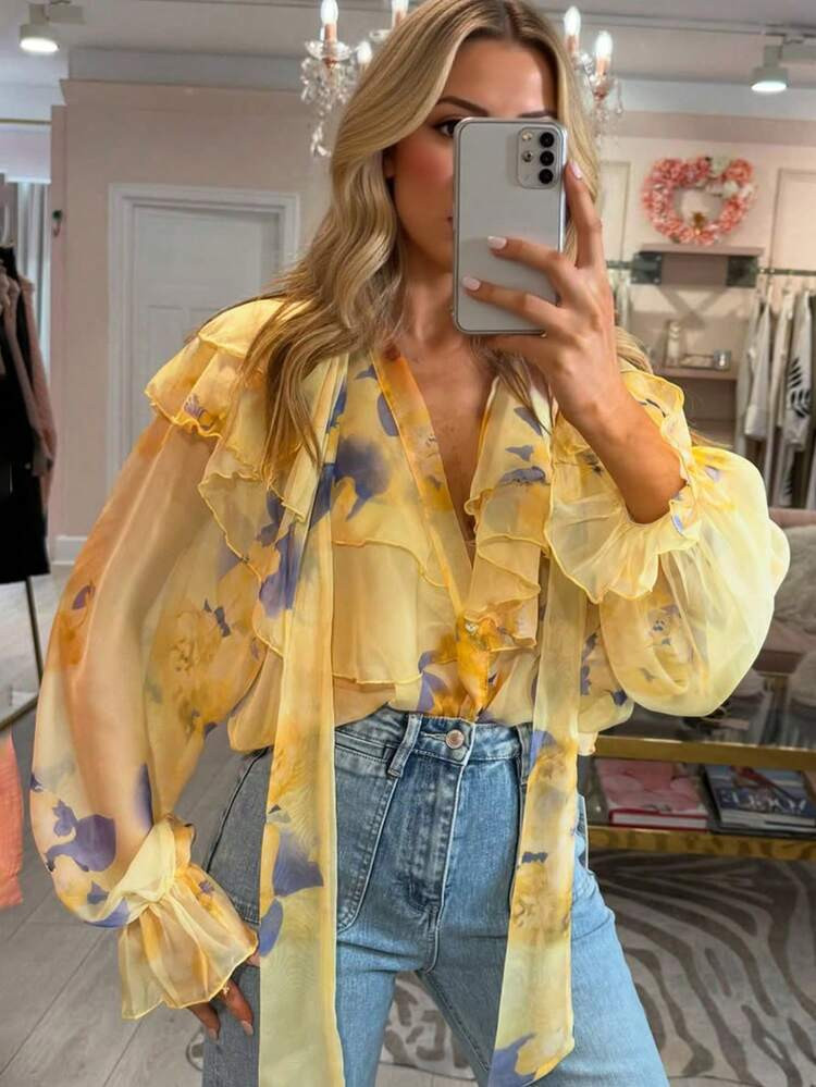 Ruffled Ditsy Floral Layered Pearl Decor Casual Button Down Shirt Spring Vacation | SHEIN