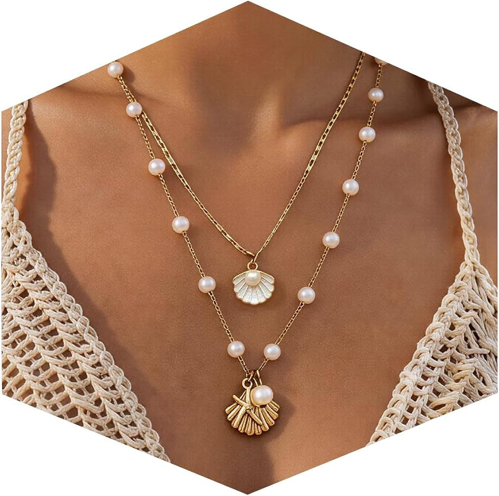 Beach Jewelry for Women Shell Necklace Gold Layered Seahell Starfish Necklace Beach Vacation Outf... | Amazon (US)