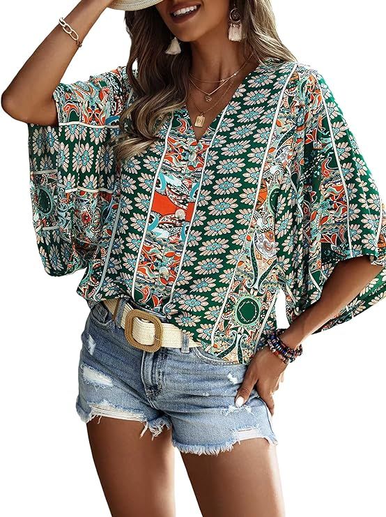 SOLY HUX Women's Boho Print V Neck 3/4 Bell Sleeve Button Front Summer Blouse Top | Amazon (US)