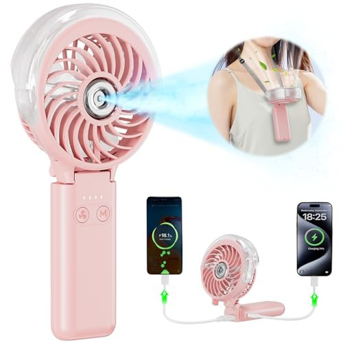 HandFan 5200mAh Handheld Misting Fan, Rechargeable Personal Mister Fan, Spray Water Mist Fans, Electric Mini Hand Fans for Beach Travel Outdoors(Pink) | Amazon (US)