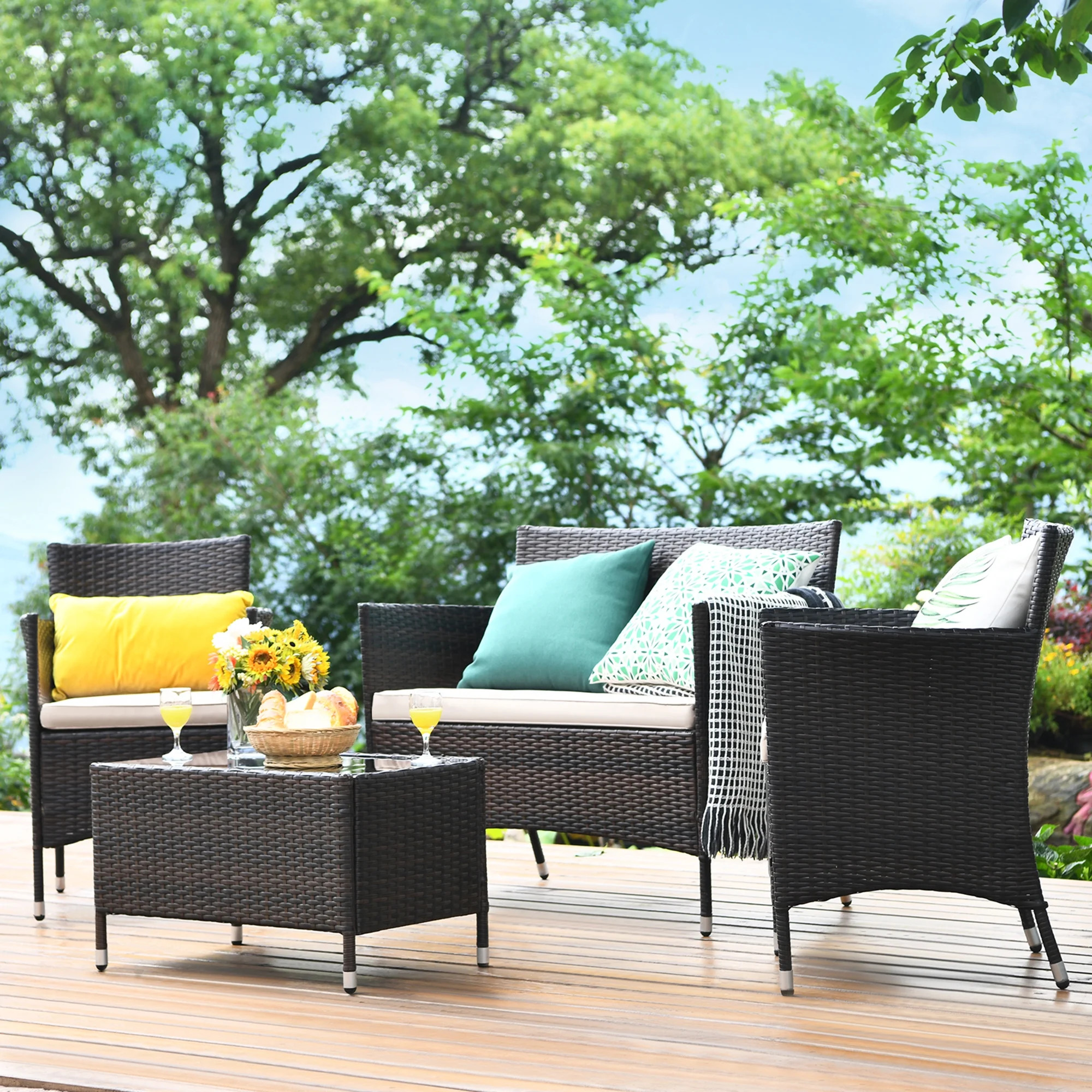 Gymax 4PCS Patio Rattan Outdoor Furniture Set w/ Cushioned Chair Loveseat Table | Walmart (US)