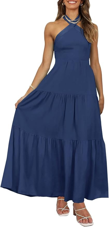 Ferlema Womens Summer Halter Neck Sleeveless Backless Ruffle Tiered Beach Party Flowy Long Maxi D... | Amazon (US)