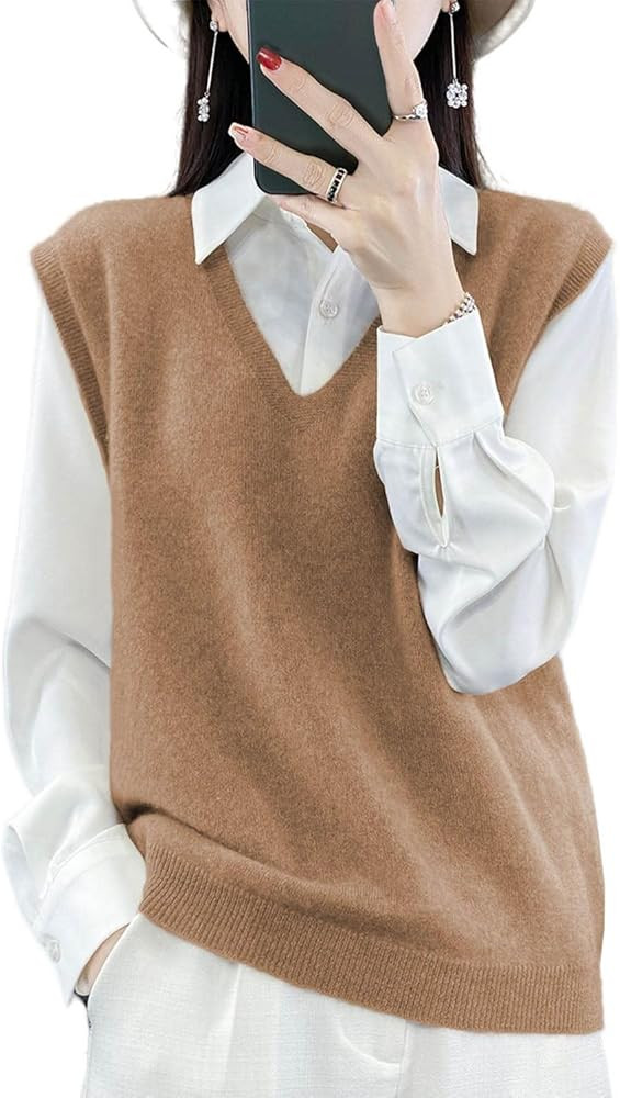 Women's V-Neck Knit Sweater Vest 100% Merino Wool Lightweight Sleeveless Pullover Basic Vest Shor... | Amazon (US)