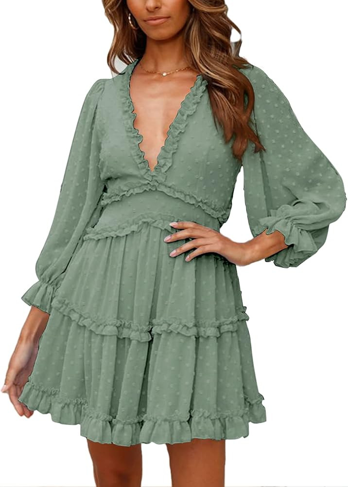 Happy Sailed Women Long Sleeve Ruffle Layer Backless Swing Mini Dress S-XL | Amazon (US)