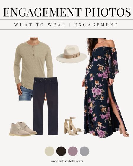 Engagement picture outfits. Date night outfits. Engagement photos. Men's style. Men's style. Floral maxi. Men's Henley. Engagement. Rehearsal dinner outfits. Engagement party  