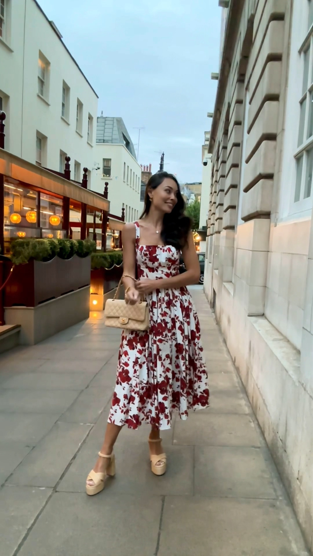 Kat Jamieson wears an Emilia Wickstead red floral dress to dinner in London. Date night outfit, summer dress, platform sandals, Chanel bag. 

#LTKSeasonal #LTKTravel #LTKShoeCrush
