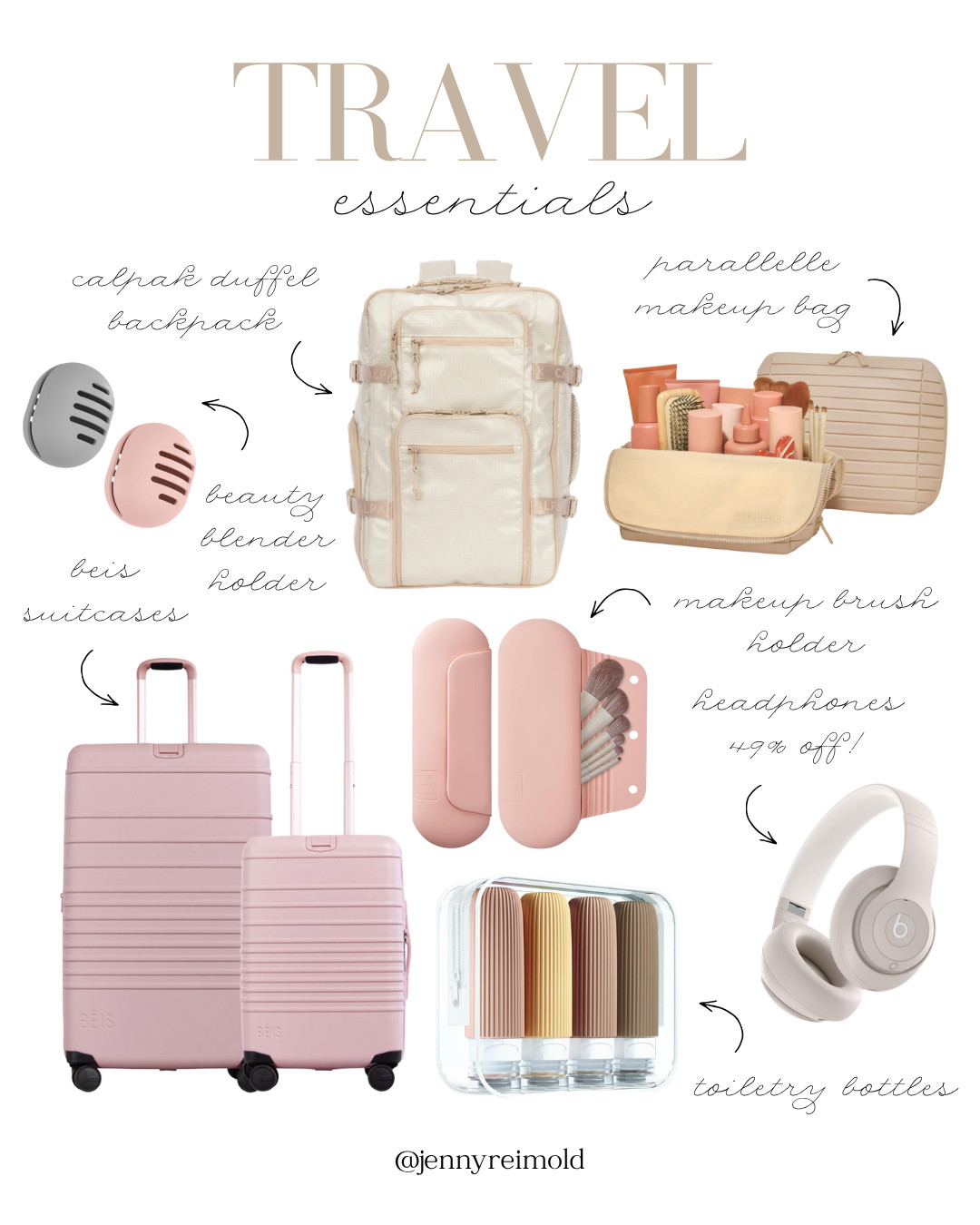 My go-to travel essentials! Includes my Beis suitcase set, beauty blender holders, makeup brush holders, Beats headphones, toiletry bottles, Calpak duffel backpack and a Parallelle makeup bag. 

 #LTKBeauty #LTKTravel
