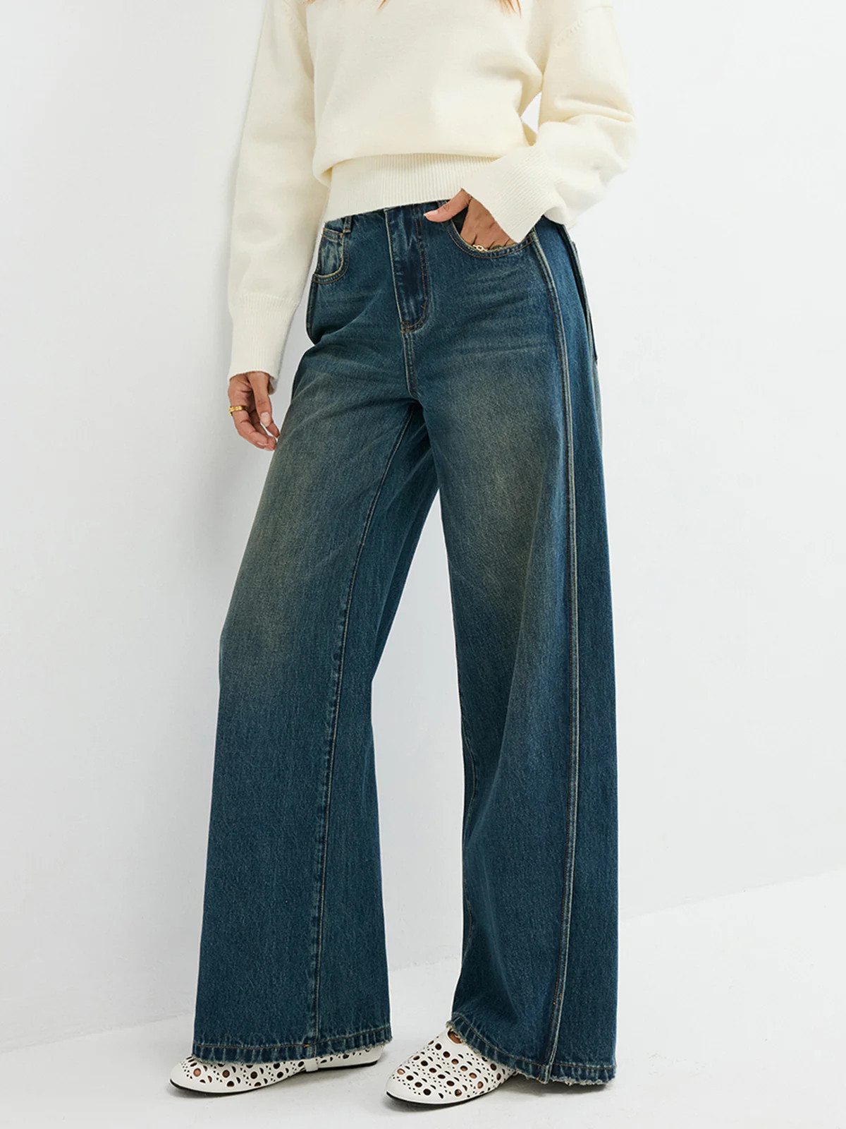 Side Panel Detail Mid-Waist Jeans | Commense