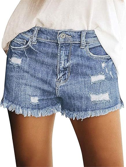 KISSMODA Women's Denim Shorts Frayed Hem Ripped Summer Jeans Short Super Rip Hot Pants with Pocke... | Amazon (US)