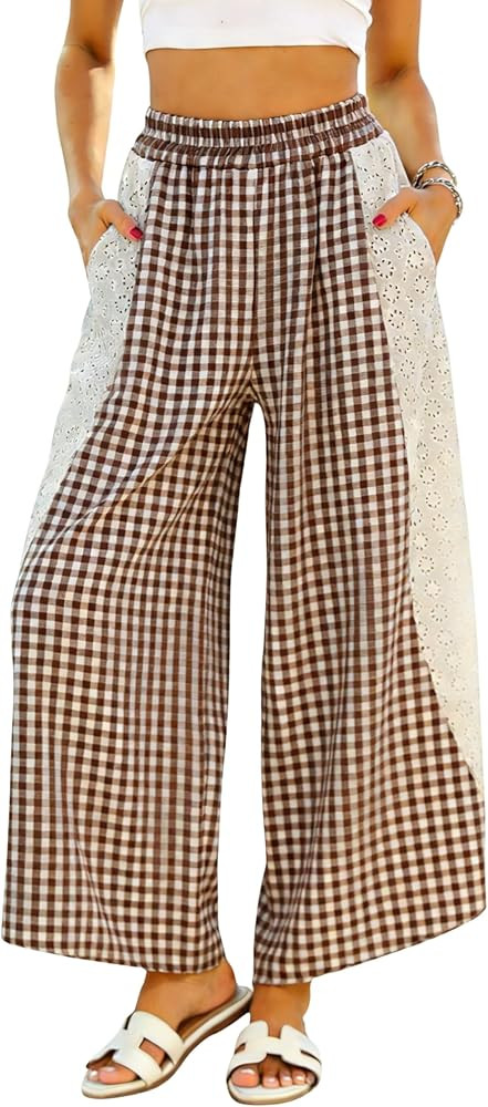 Athlisan Womens Summer Striped Gingham Wide Leg Lounge Pants Elastic Waist Beach Palazzo Trousers... | Amazon (US)