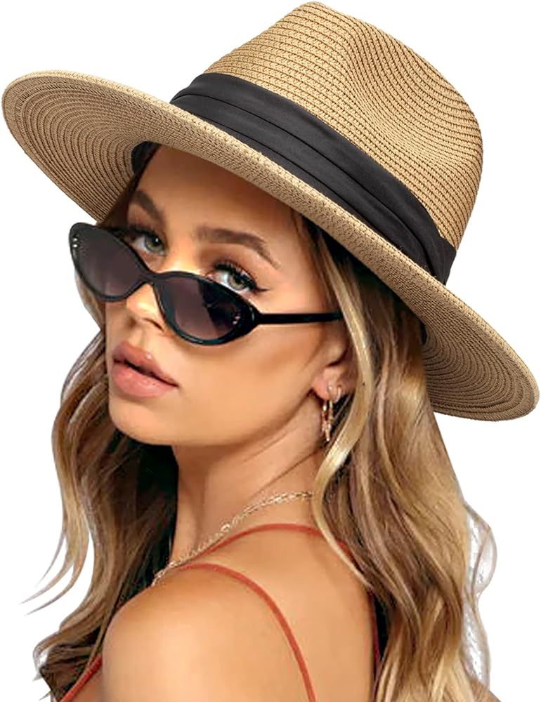 Women Straw Panama Hat Travel Fedora Beach Sun Hat Summer Wide Brim Straw Roll up Hat UPF 50+ | Amazon (US)