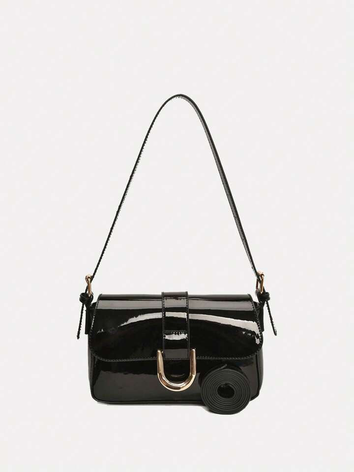 One Solid Colored Glossy Evening Clutch Bag, Featuring A Chic And Unique Short And Curved Design,... | SHEIN