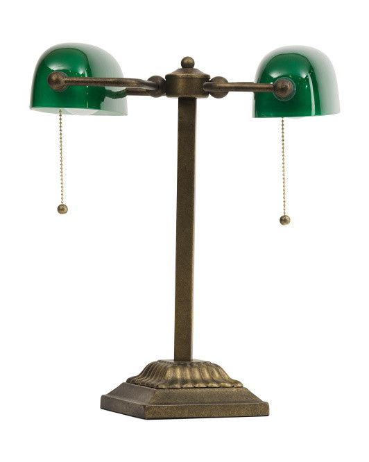 15.75in Glass Andmetal Double Light Bankers Lamp | TJ Maxx