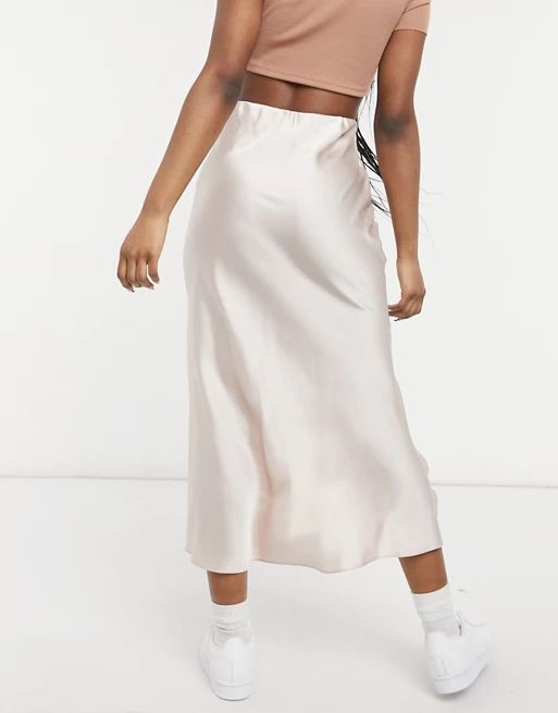 ASOS DESIGN bias cut satin slip midi skirt in off white | ASOS US