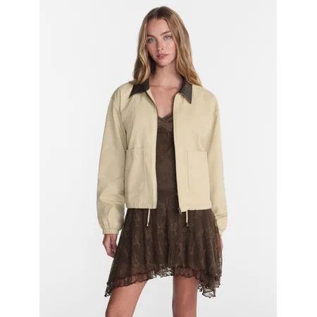 No Boundaries Cotton Twill Barn Jacket with Faux Leather Collar, Women's XXS-4X | Walmart (US)