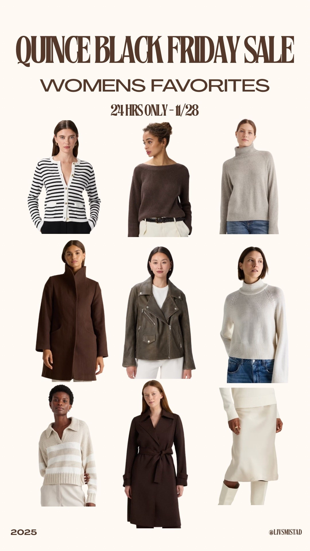 Quince Black Friday is here! 24 hours only on 11/28. Sharing all my womens favorite pieces on sale 🤎 @onequince #quincepartner 

Sweaters, cardigans, boatneck sweater, womens moto jacket, womens leather jacket, women’s winter coat, women’s wool coat, silk skirt, washable silk skirt, women’s fisherman core sweater, winter fashion, winter staples, sweater basics, sweater staples 



#LTKSaleAlert #LTKFindsUnder100 #LTKCyberWeek