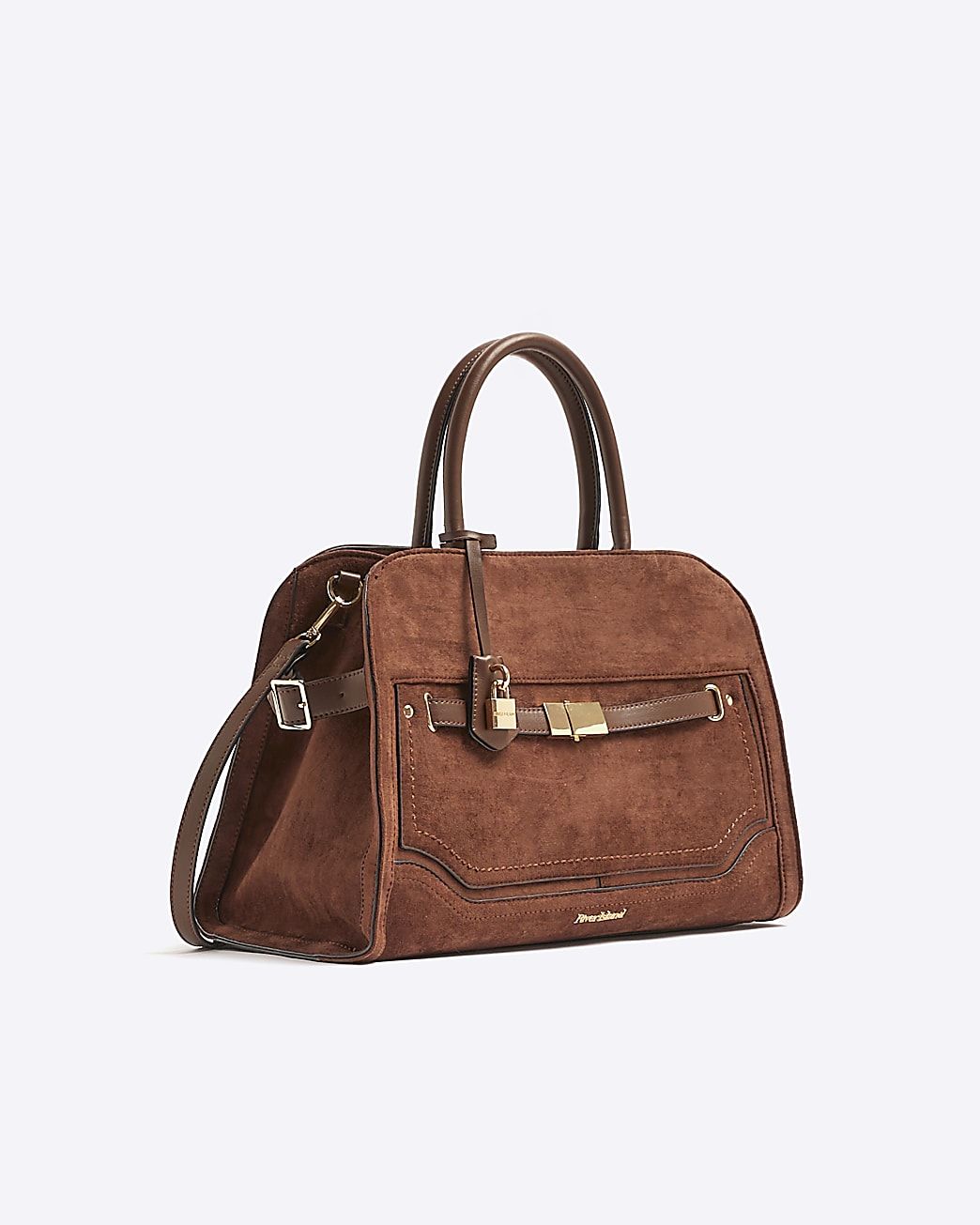 Brown suedette lock detail tote bag | River Island (UK & IE)