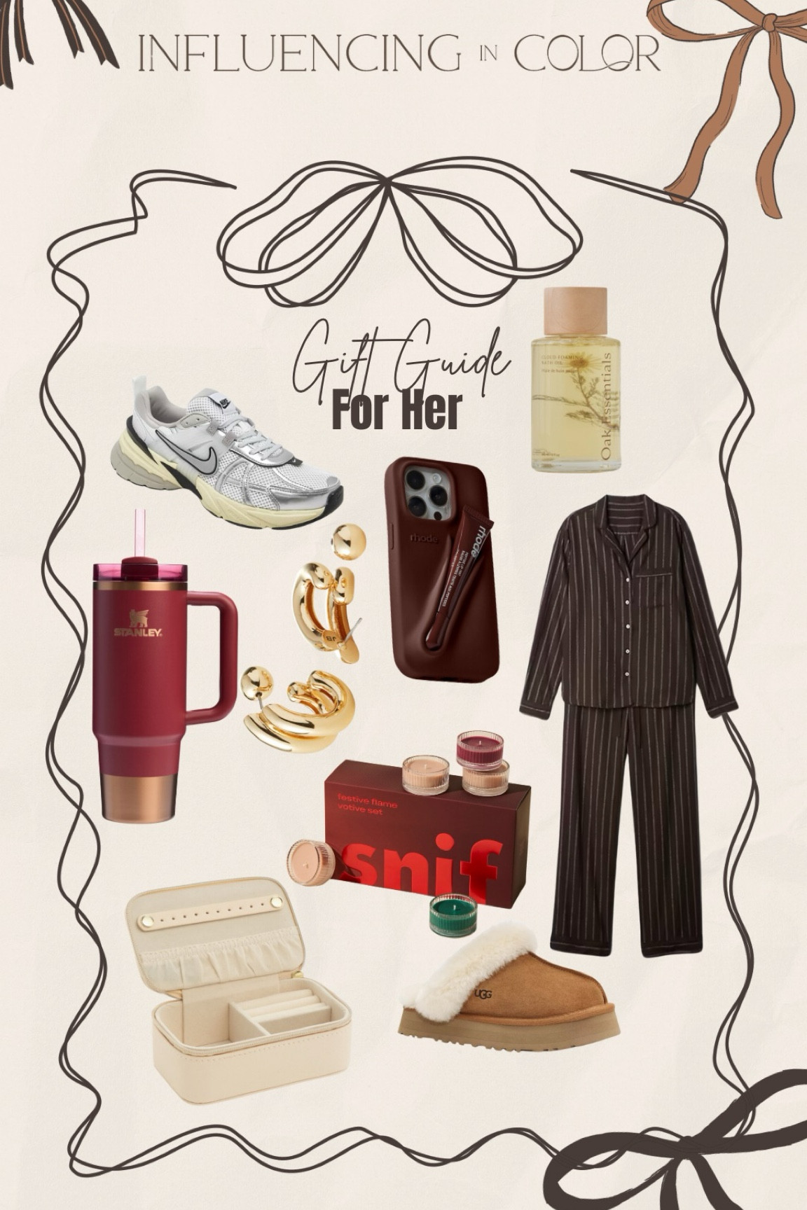 Gifts for her: body oil, Stanley cup, pajamas, gift set candles, jewelry box, Nike sneakers, cell phone case with lip gloss, earrings 

#LTKGiftGuide #LTKBeauty #LTKHoliday