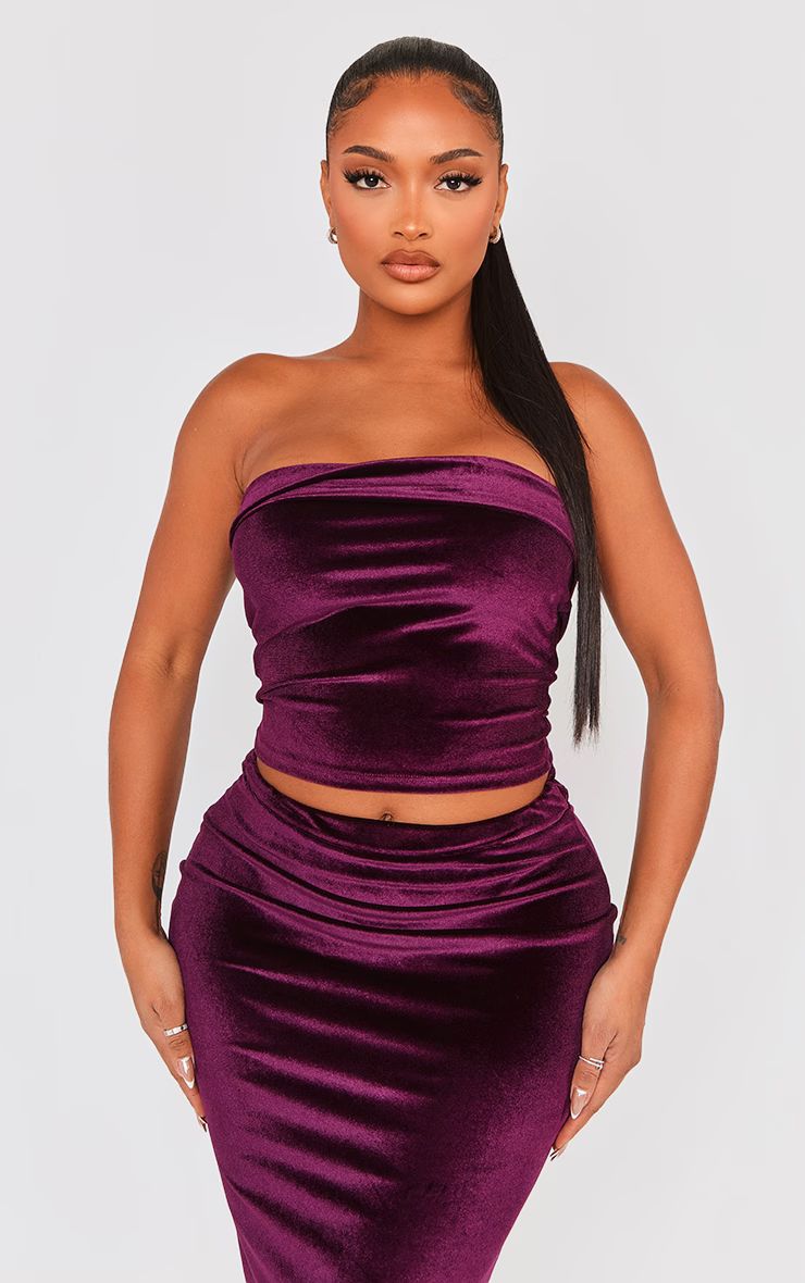 Shape Purple Velvet Foldover Detail Crop Bandeau | PrettyLittleThing US
