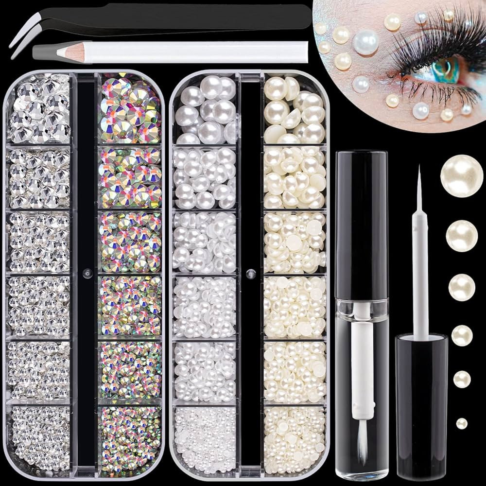 Flat Back Rhinestones&Pearls Kits Round Glass Crystal AB&Transparent White Gems+White&Beige Pearl... | Amazon (US)
