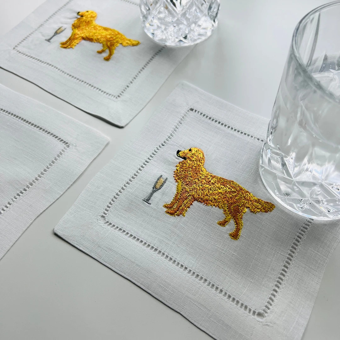 Embroidered Golden Retriever Dog Cocktail Linen Napkins, Embroider Puppy Linen Napkin, Dog With C... | Etsy (Global)