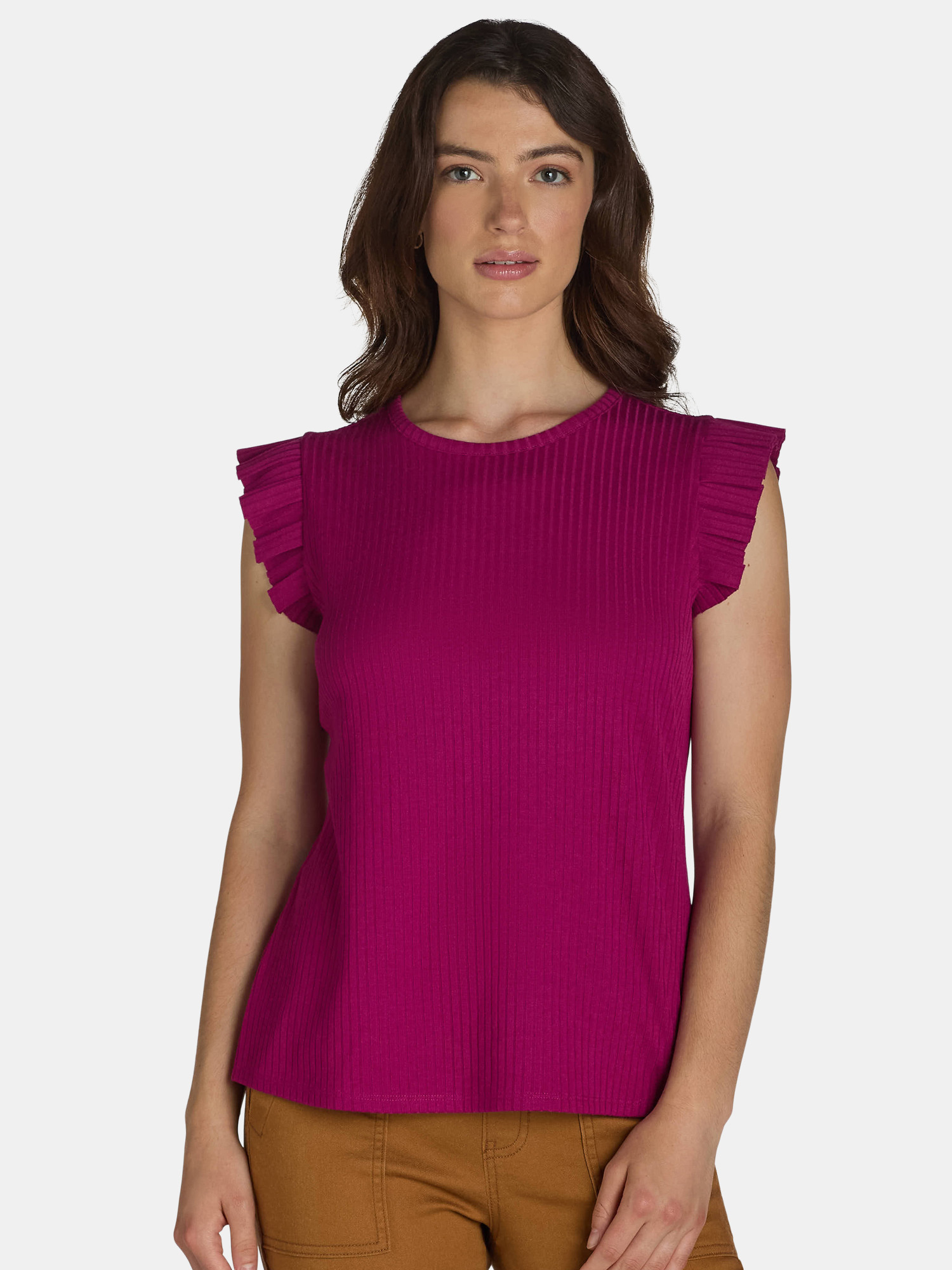 Time and Tru Women's Rib Ruffle Sleeve Top | Walmart (US)