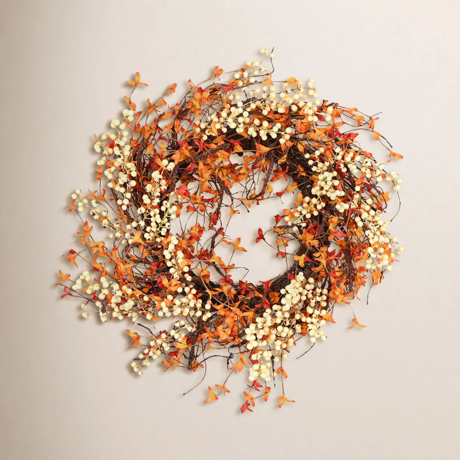 24" Faux Fall Autumn Berry Front Door Wreath, Farmhouse Thanksgiving Day Decor | Birch Lane