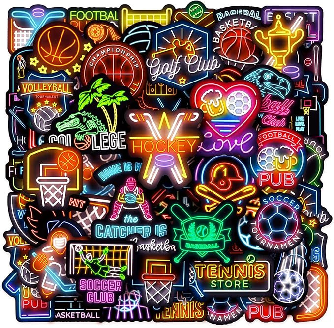 100pcs Neon Sports Theme Waterproof Vinyl Stickers - Football Soccer Baseball Basketball Decor & ... | Amazon (US)