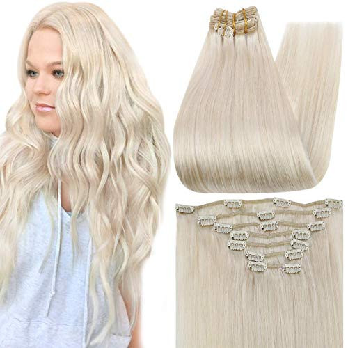 Full Shine Real Human Hair Extensions Clip ins Platinum Blonde 16 Inch Blonde Clip in Hair Extensions Straight 7 Pcs 120 G | Amazon (US)