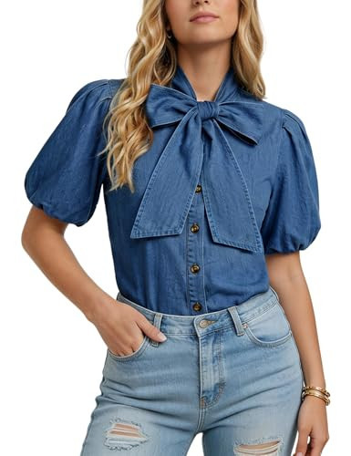 Denim Top Women Button Down Short Puff Sleeve Jean Shirt Bow Tie Neck Work Blouses Summer Business Casual Tops | Amazon (US)