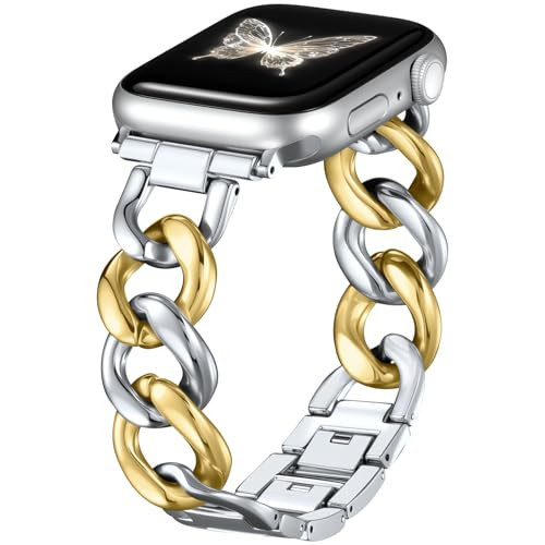DaQin Gold Band Compatible with Apple Watch Bands for Women 44mm 45mm 46mm 42mm, Metal Chain Link Steel Replacement Accessories Bracelet for iWatch Bands Series 11 10 9 8 7 6 5 4 3 2 1 SE, SilverGold | Amazon (US)