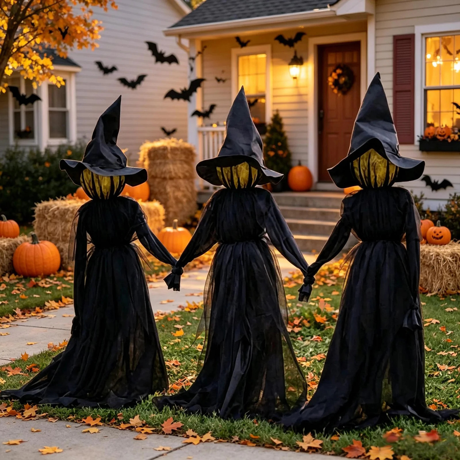3pcs Light Up Witches with Stakes Halloween Decorations, Outdoor Holding Hands Screaming Witches Sound Activated Sensor Decor | Wayfair North America