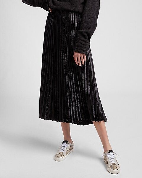 High Waisted Pleated Satin Midi Skirt | Express
