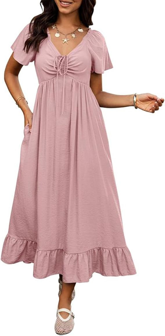 BTFBM Womens Spring Dresses 2026 Casual Short Sleeve V Neck Drawstring Wedding Guest Maxi Dresses... | Amazon (US)