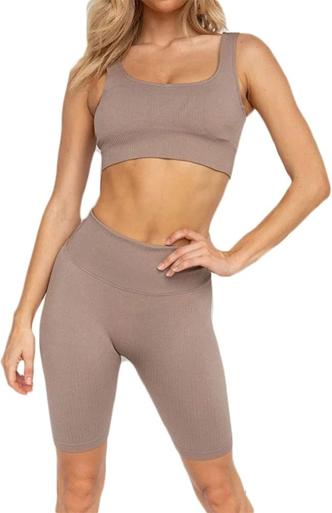 Hotexy Women's Workout Outfit 2 Pieces Seamless Yoga Leggings with Sports Bra Gym Clothes Set | Amazon (US)