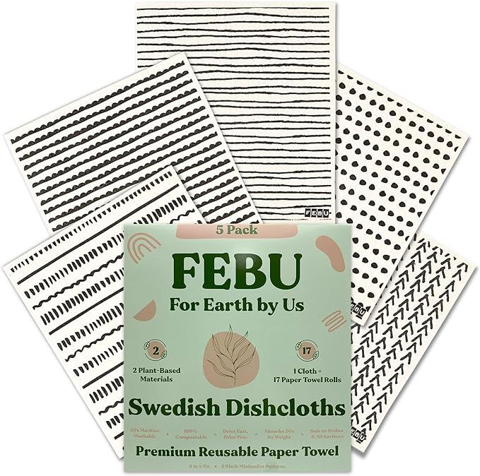 FEBU Swedish Dishcloths for Kitchen | 5 Pack Black Minimalist Swedish Dish Towels | Reusable Pape... | Amazon (US)