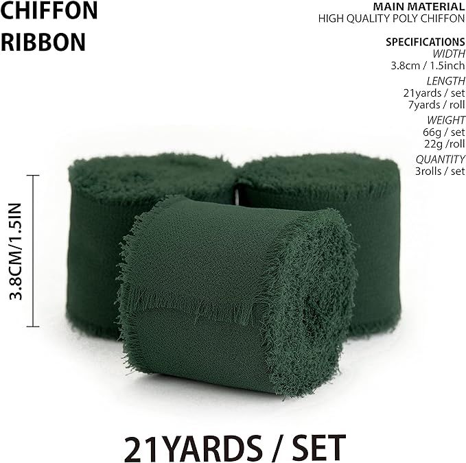 Vitalizart 3 Rolls Handmade Fringe Chiffon Silk Ribbon 1.5" x 7Yd Dark Green Ribbons Set for Wedd... | Amazon (US)