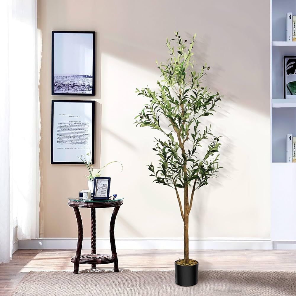 Faux Olive Tree 6FT, Olive Tree Artificial Indoor, Fake Potted Olive Silk Tree with Natural Wood ... | Amazon (US)