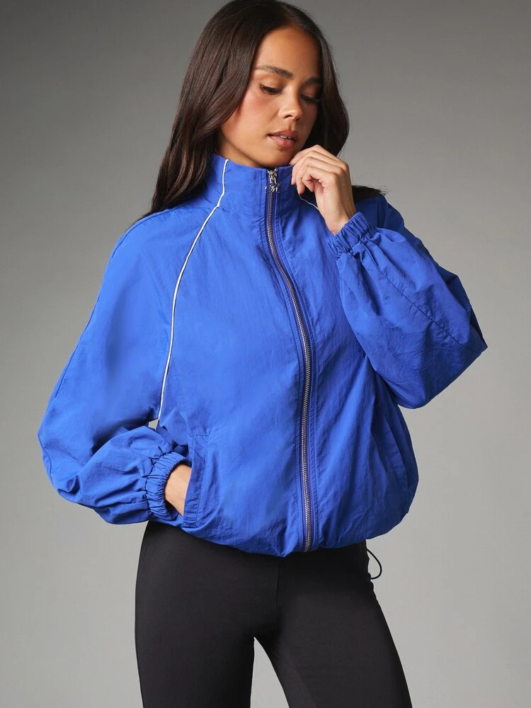 MISSGUIDED Oversized Windbreaker Jacket With Stand Collar Full Zip Closure White Contrast Piping ... | SHEIN
