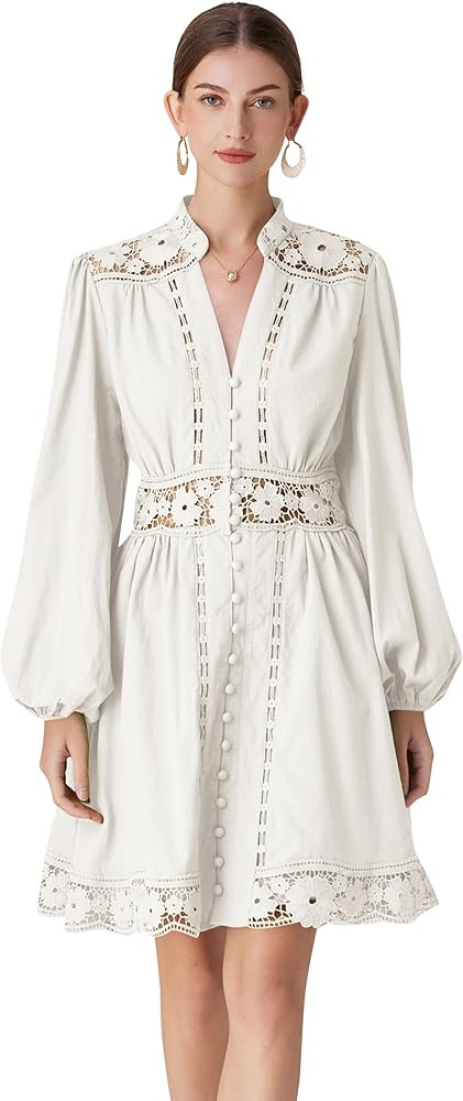 LAI MENG FIVE CATS Women's V-Neck Elegant Lace Long Sleeve Lantern Sleeve Button up Casual Mini D... | Amazon (US)