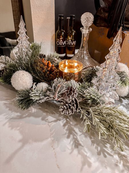Custom Snow Winter Vignette.
 I try to include incandescent & Led subtle flocking with a serving tray! Vignettes are beautiful to add texture and dimension to a space. Its seasonal eye candy that’s always unique to your taste.  Pretty  transitional vignette winter garland arrangement. 

#LTKGiftGuide #LTKfindsunder50 #LTKfindsunder100