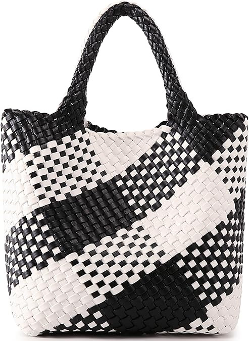 Woven Bag for Women, Vegan Leather Tote Bag Large Summer Beach Travel Handbag and Purse Retro Han... | Amazon (US)