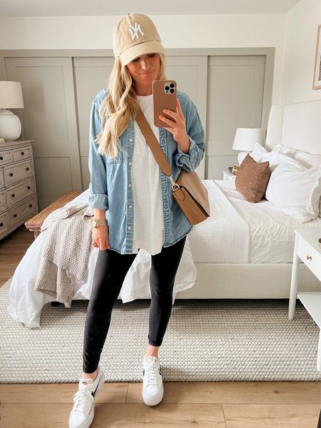 Love this oversized tee!! I got a small but could’ve done XS. Wearing size 2 in the leggings and 7.5 in the shoes which are true to size  Linked a similar chambray shirt that’s on sale!

#LTKunder100 #LTKSeasonal #LTKFind