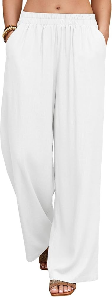HEEKPEK Women Linen Pants Wide Leg Summer Flowy Elastic Waist Palazzo Beach Vacation Clothes Trav... | Amazon (US)