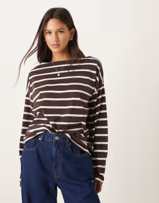 ASOS DESIGN wide sleeve stripe top in brown | ASOS (Global)