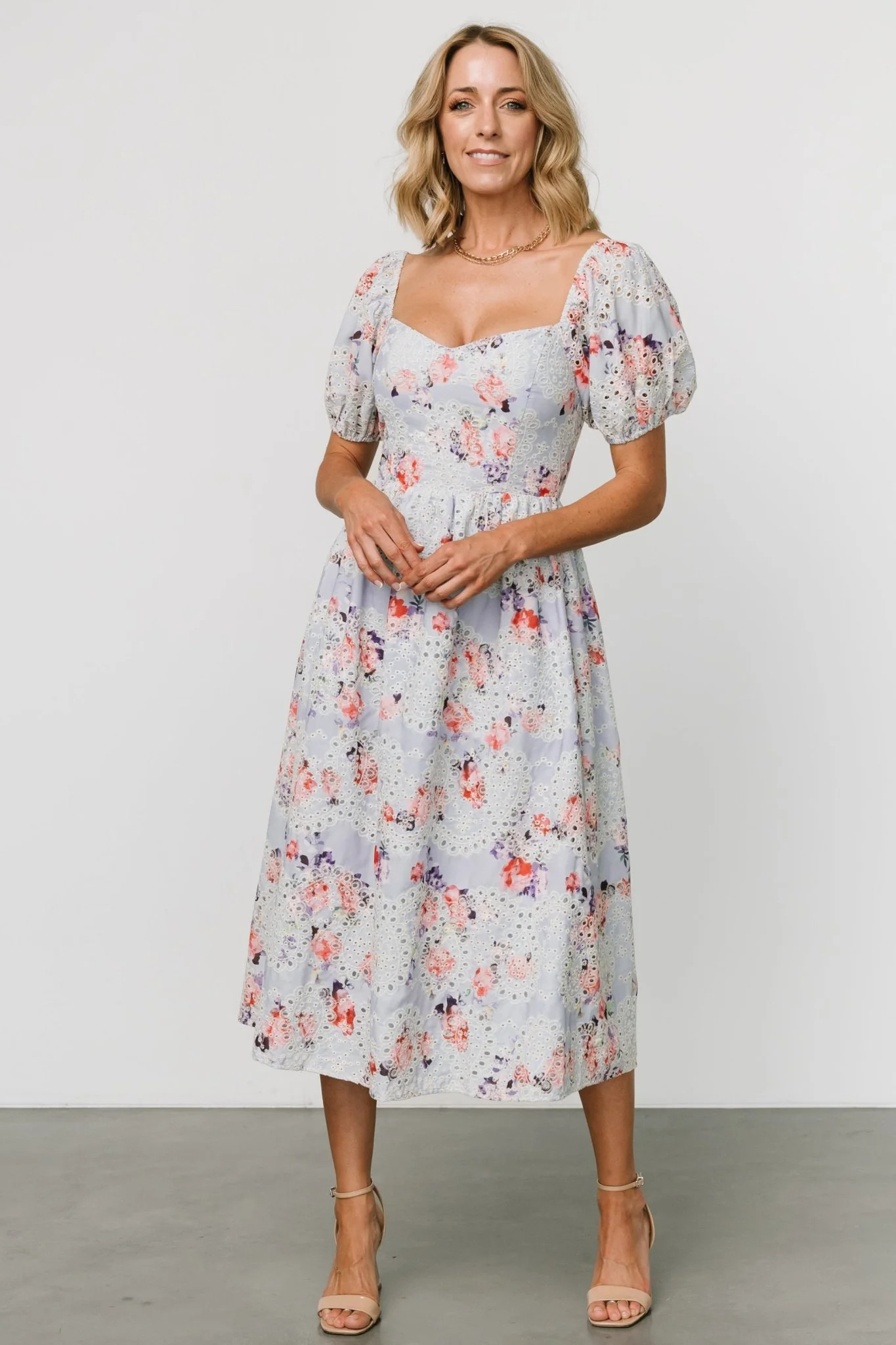 Leila Eyelet Midi Dress | Light Blue Floral | Baltic Born