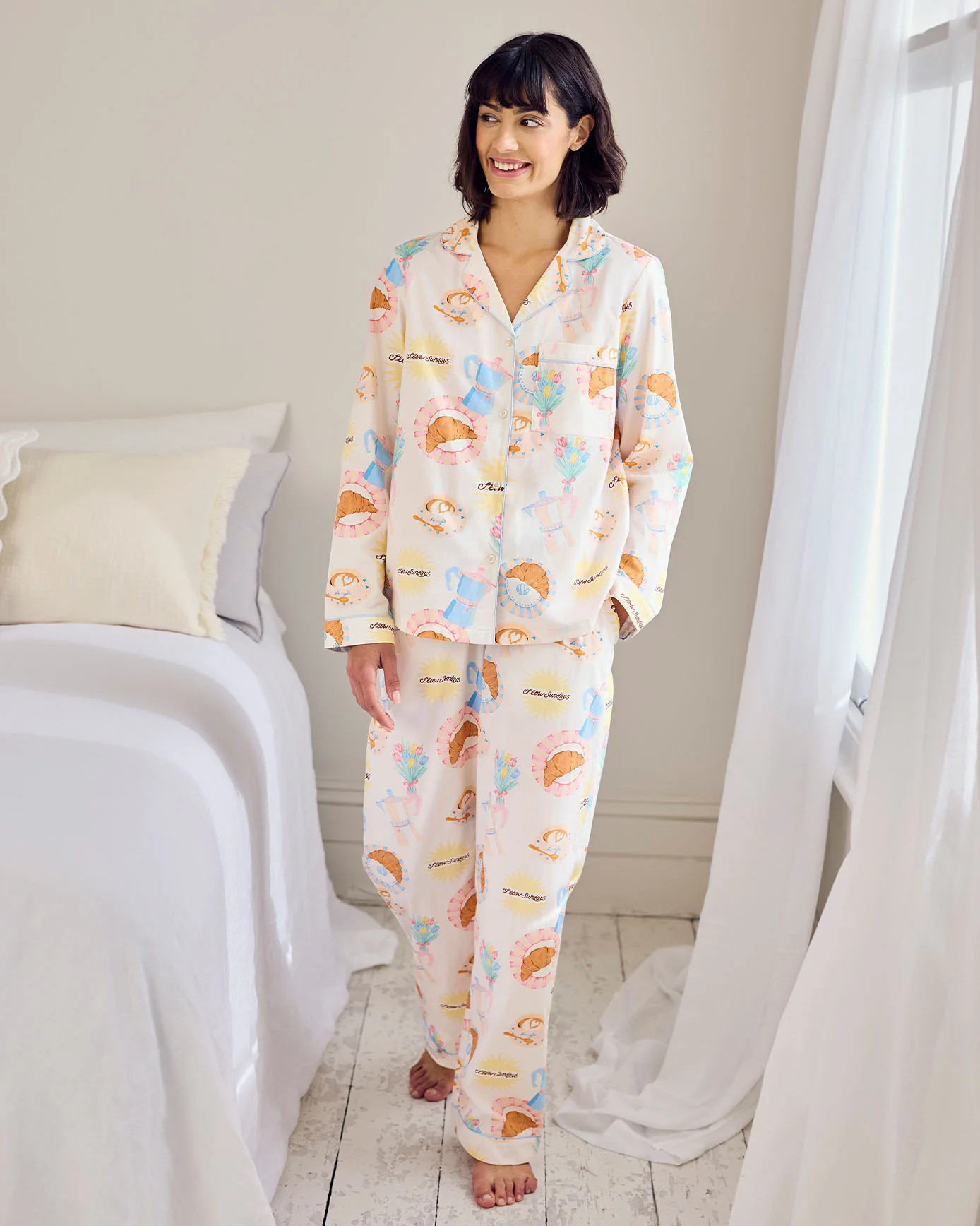 Organic Cotton Poplin Slow Sundays Print Long Pyjama Set | Chelsea Peers NYC