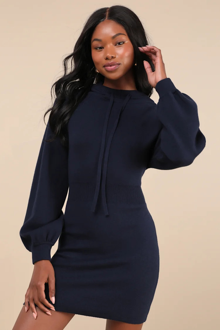 Laidback Moments Navy Blue Hooded Sweater Mini Dress | Lulus
